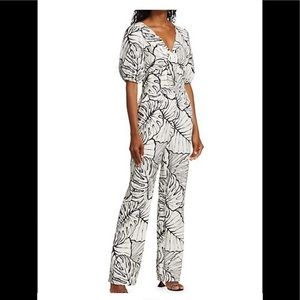 Marchesa Puff-Sleeve Front-Tie Linen Jumpsuit, SZ 6, new, $ 495